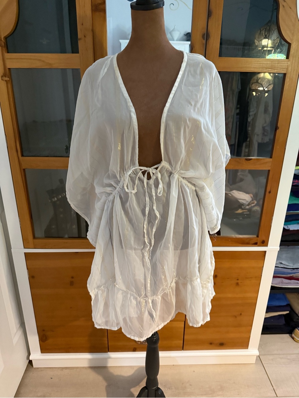 White & Gold Sheer Beach Cover-Up Kaftan with Tie Front